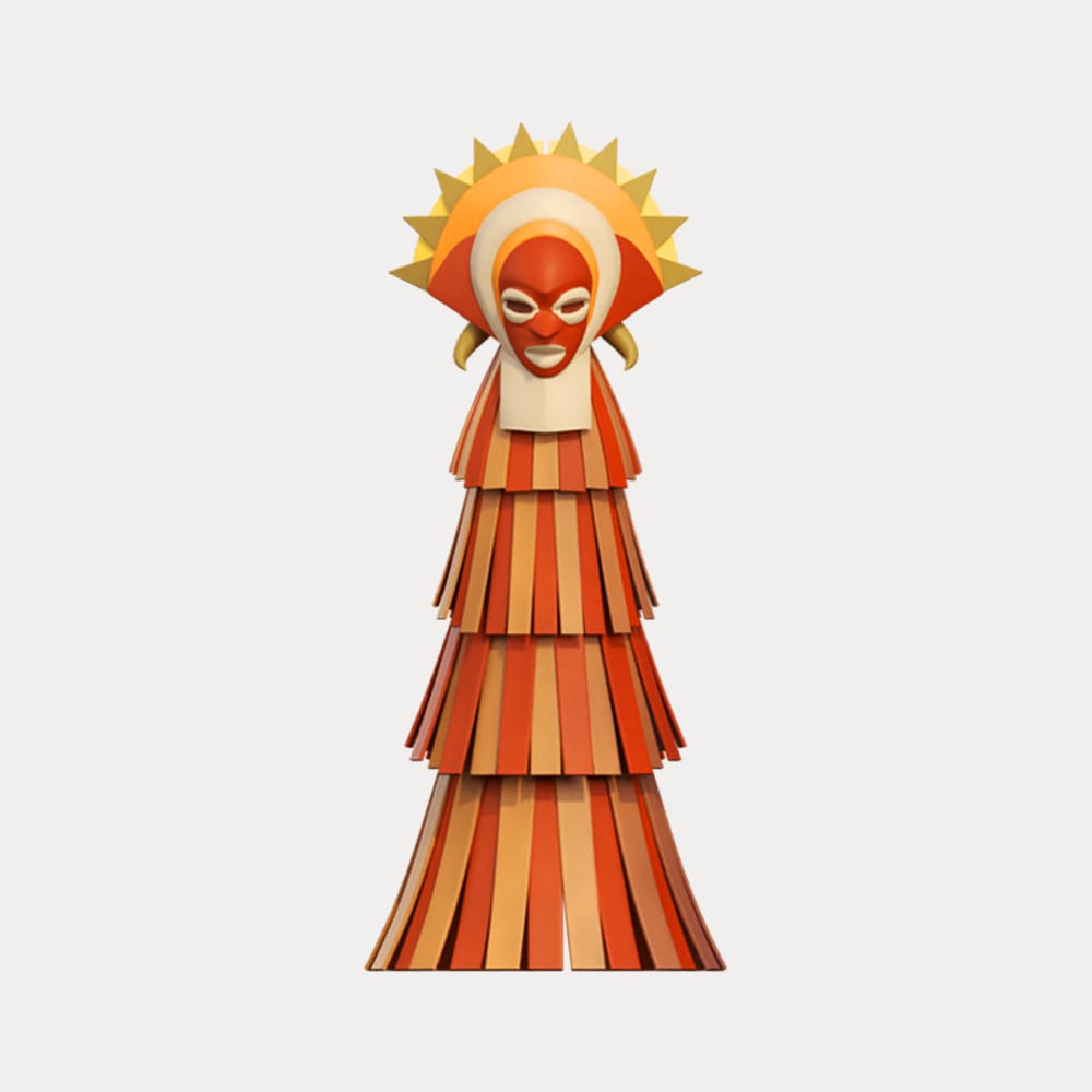 Personnage totem en 3D issu du spectacle de clôture de la CAN 2024, inspiré des masques traditionnels ivoiriens