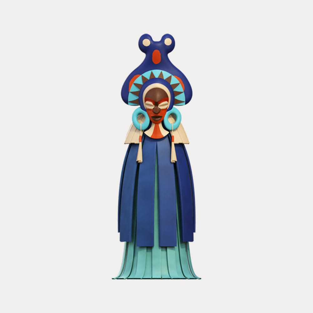 Personnage totem en 3D issu du spectacle de clôture de la CAN 2024, inspiré des masques traditionnels ivoiriens