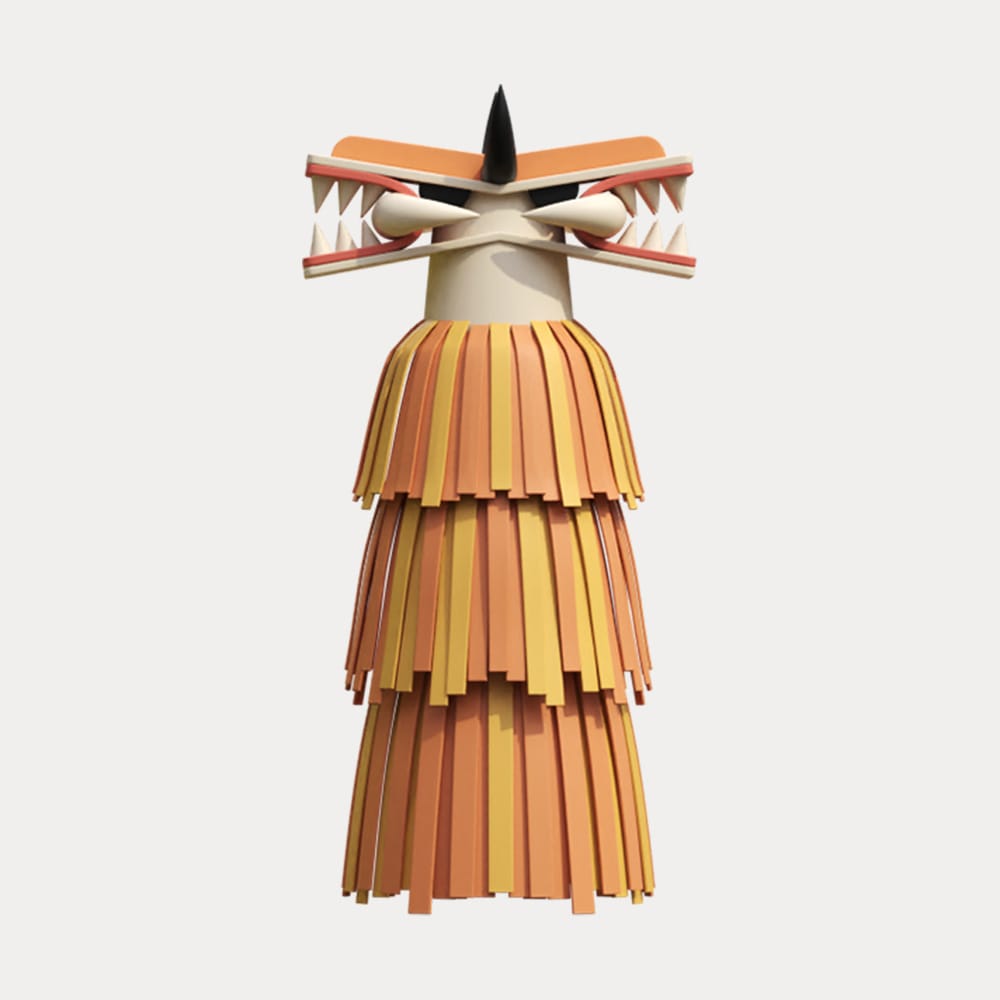 Personnage totem en 3D issu du spectacle de clôture de la CAN 2024, inspiré des masques traditionnels ivoiriens