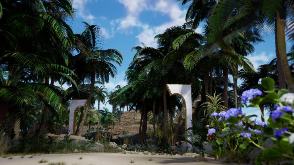 Environnement tropical Fortnite pour Aya Nakamura, rendu 3D Unreal Engine avec portails dorés.