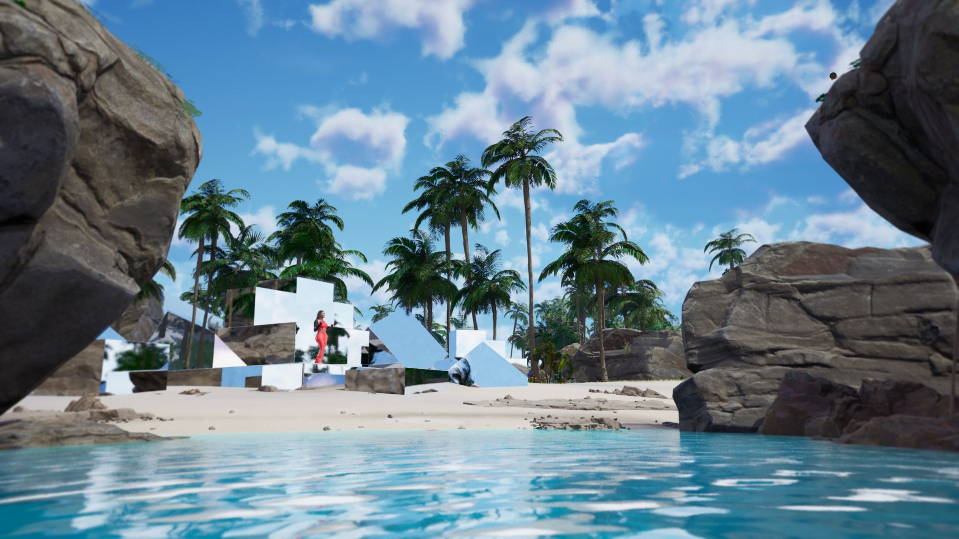 Scène miroir 3D sur plage Fortnite Aya Nakamura, rendu Unreal Engine avec figure en rouge.