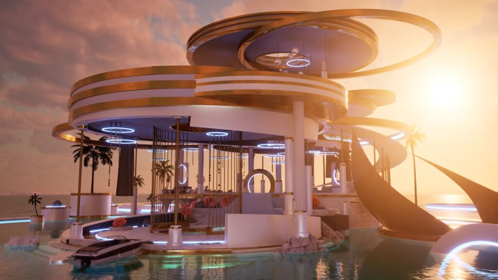 Pavillon futuriste doré 3D Fortnite Aya Nakamura, rendu Unreal Engine au coucher de soleil.