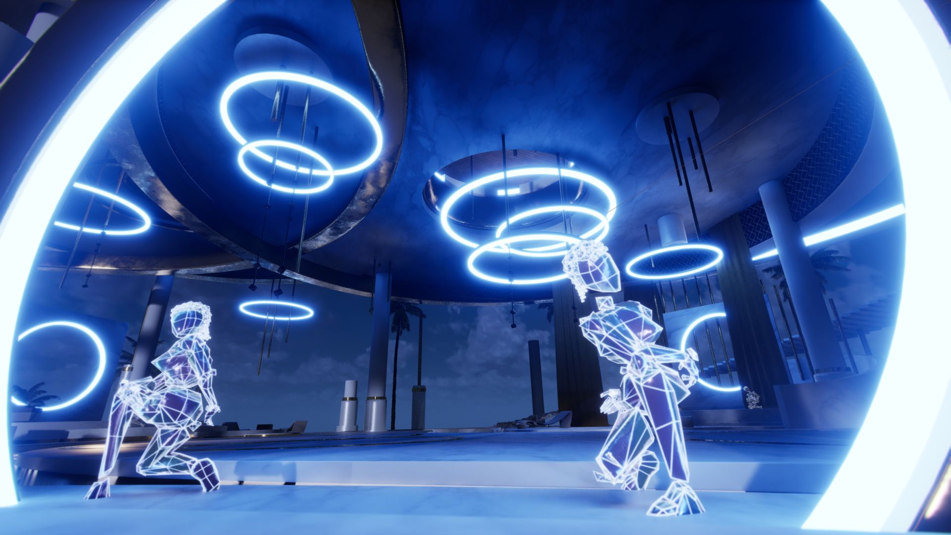 Environnement 3D futuriste sous Unreal Engine avec avatars lumineux et anneaux néon, inspiré d’un univers Fortnite immersif. Aya nakamura, dans fortnite.
