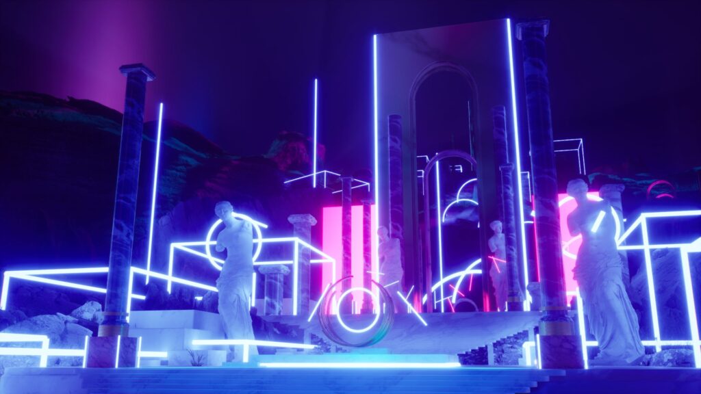 Temple antique réinventé en néons pour le show Fortnite d’Aya Nakamura, rendu Unreal Engine.