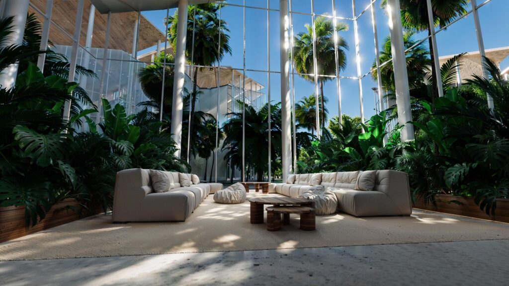 Salon design sous verrière pour la COP16, avec mobilier contemporain, grandes plantes tropicales et lumière naturelle en abondance