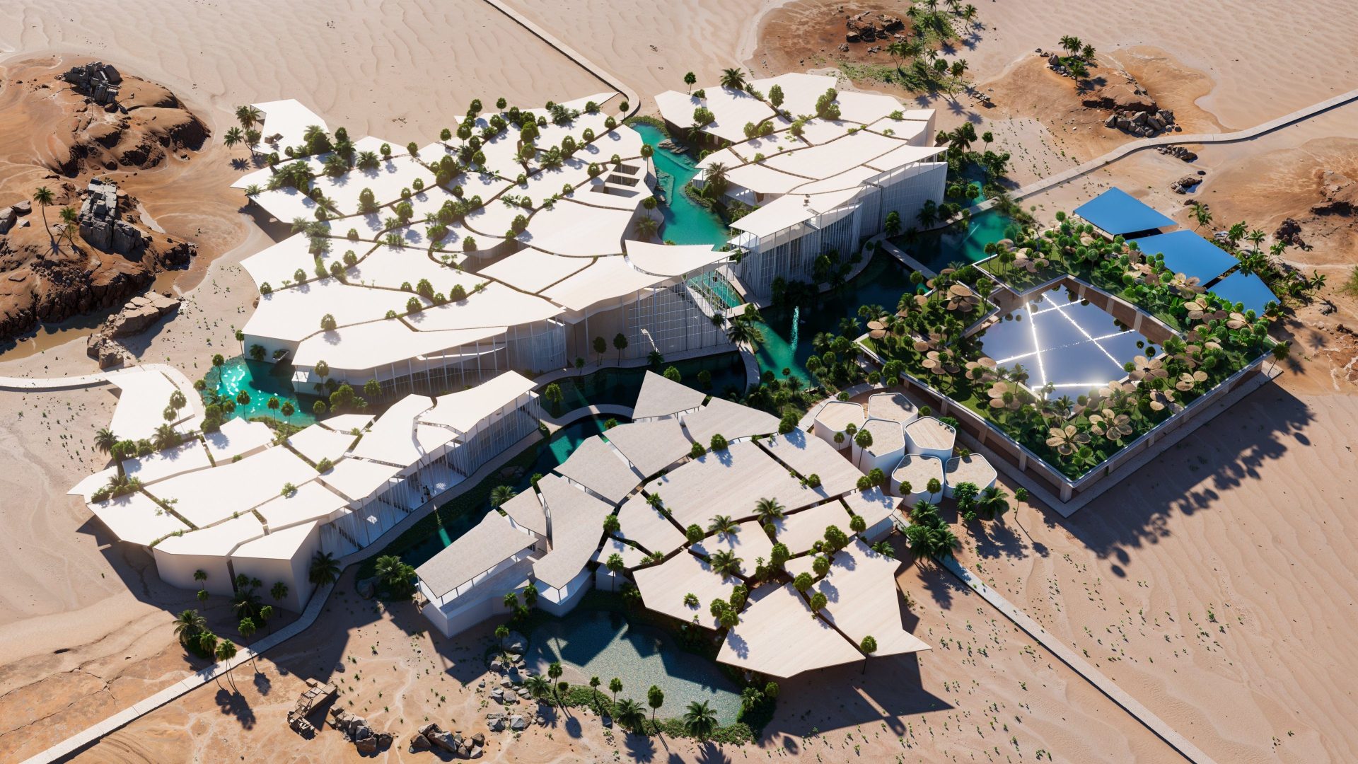 Vue aérienne d’un complexe architectural durable dans le désert pour la COP16, intégrant végétation, bassins et structures futuristes inspirées des formes naturelles.