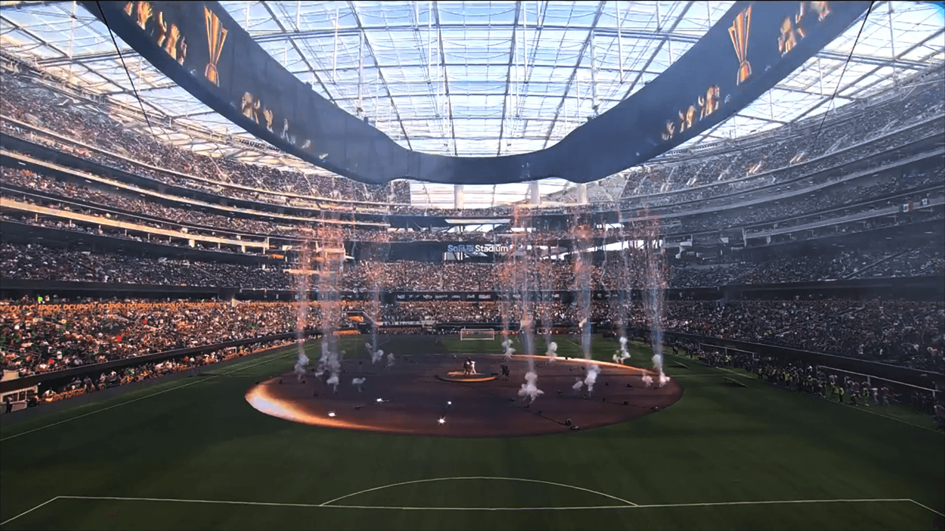 Cérémonie d’ouverture Gold Cup CONCACAF 2023 avec projection vidéo sur écran géant et effets pyrotechniques au SoFi Stadium
