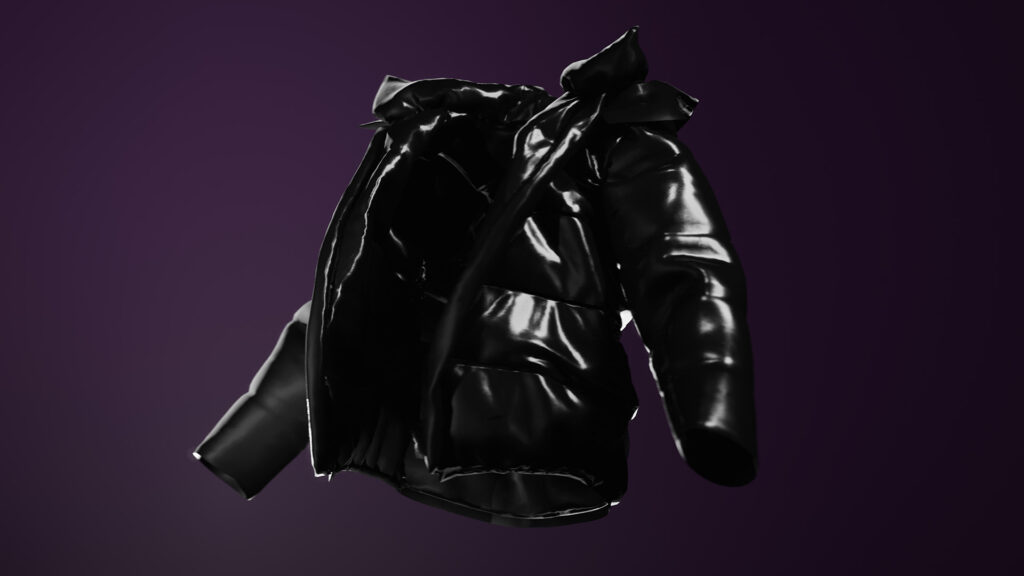 Veste doudoune noire 3D flottante sur fond violet, modélisée pour l’avatar Maybelline.