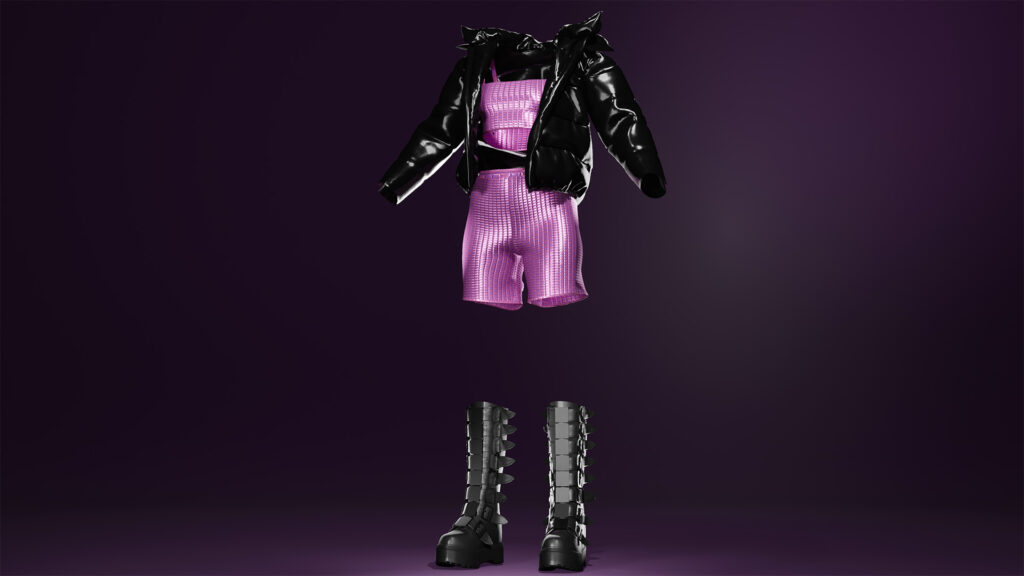Tenue complète 3D de l’avatar Maybelline incluant combinaison rose, bottes noires et doudoune virtuelle.