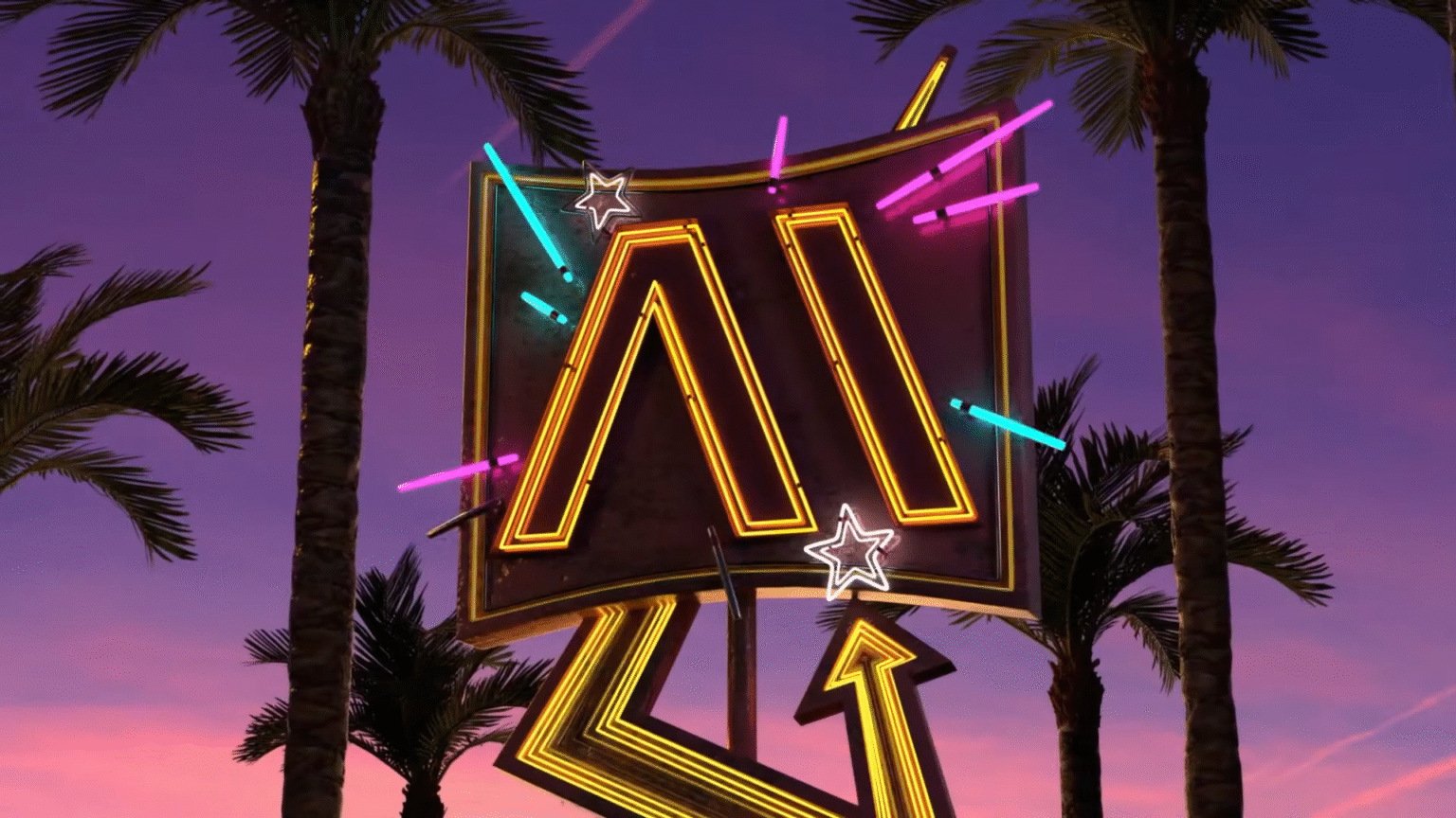 Logo Mediawan en néons dans un décor de palmiers au crépuscule, ambiance pop et rétro – animation 3D signée Face X pour Mediawan.