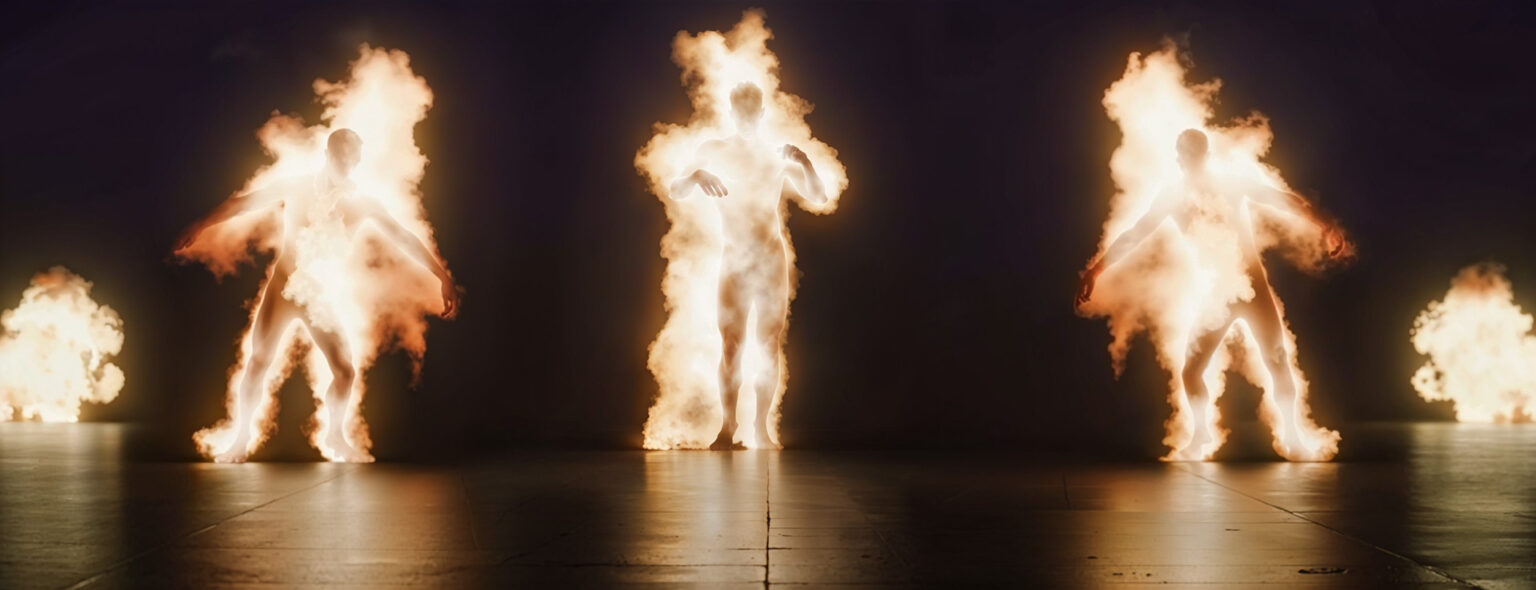 Avatars 3D humanoïdes en flammes dans un décor sombre, créés en motion design pour l’événement Orange
