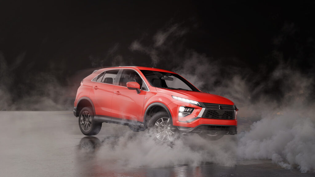 SUV rouge en 3D sur fond enfumé noir avec rendu numérique réaliste pour le show Orange Cameroun