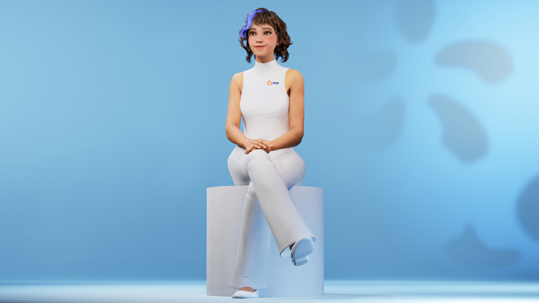 Avatar Vicki EDF en 3D dans un décor motion design bleu, attitude calme et confiante.
